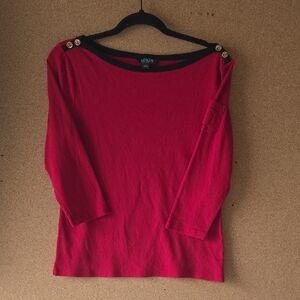 Ralph Lauren Red Quarter Sleeve Boat Neck Top with RLR Button Details Size L